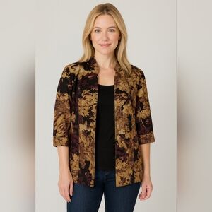Coldwater Creek Brown Lined Jacket 3/4 Sleeves Open Lapel Women's Med Petite